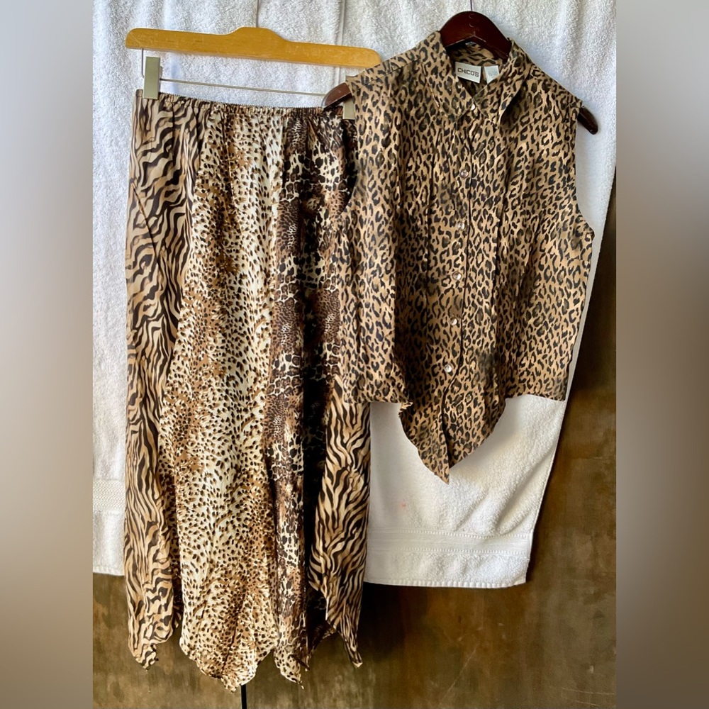 Chico's Brown and Black Animal Print Sleeveless Notched Collar Midi Dress Set